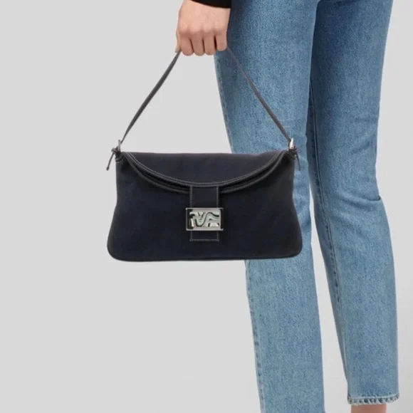 Fendi Navy Blue Fold-Over Baguette Bag - Picture 2 of 15